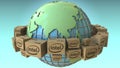 Cartons with Intel logo around the world, Asia emphasized. Conceptual editorial 3D rendering