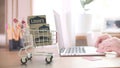 Cartons with LOWE`S logo in shopping trolley near customer with laptop. Editorial online shopping from home 3D rendering