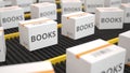 BOOKS text on white cartons moving along the conveyor. 3D rendering