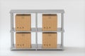 The cartons are put on neatly arranged shelves, 3d rendering