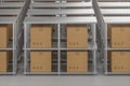 The cartons are put on neatly arranged shelves, 3d rendering