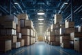 Cartons stacked in factory warehouse depicted in 3D rendering