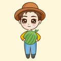 Cartoon of a man holding a watermelon with a hat Royalty Free Stock Photo