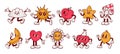 Cartoon abstract character. Retro trendy characters, comic sun and cloud, mascot running cherry, shape star with legs Royalty Free Stock Photo