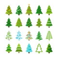 Cartoon abstract christmas trees with gifts and balls vector set