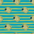 Cartoon abstract ocean seamless pattern with green olive butterfly fish print. Blue and green striped background Royalty Free Stock Photo