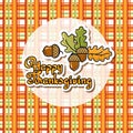 Cartoon acorn, oak leaves, handwritten words Happy Thanksgiving Royalty Free Stock Photo