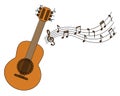 Cartoon acoustic guitar and sheet music Royalty Free Stock Photo