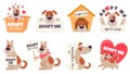 Cartoon adopt dog. Help homeless animals find home concept, sad dogs with text adopt me, dont buy, puppies adoption Royalty Free Stock Photo