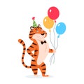 Cartoon adorable smiling tiger in Birthday hat. Royalty Free Stock Photo