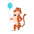 Cartoon adorable smiling tiger with blue balloon. Royalty Free Stock Photo