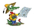 Cartoon adventurer alligator looking his map to find his route Royalty Free Stock Photo