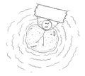 Cartoon of Aerial View of Castaway Man on Small Island Holding Empty Sign Royalty Free Stock Photo