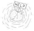 Cartoon of Aerial View of Castaway Man on Small Island Holding Help Sign