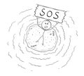 Cartoon of Aerial View of Castaway Man on Small Island Holding SOS Sign Royalty Free Stock Photo