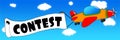 Cartoon aeroplane and banner with CONTEST text on a blue sky background.