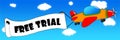 Cartoon aeroplane and banner with FREE TRIAL text on a blue sky