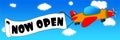 Cartoon aeroplane and banner with NOW OPEN text on a blue sky ba