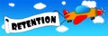 Cartoon aeroplane and banner with RETENTION text on a blue sky b