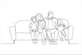 Cartoon of affectionate young parents relaxing on sofa, cuddling small children. Continuous line art Royalty Free Stock Photo