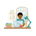 Cartoon african american boy studying at home with computer and books on window background. School boy writing for homework. Royalty Free Stock Photo