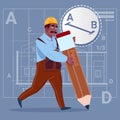 Cartoon African American Builder Hold Big Pencil Creating New Blueprint Architect Wearing Uniform And Helmet