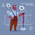 Cartoon African American Builder Holding Big Hammer Construction Worker Over Abstract Plan Background Male Workman