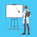 Cartoon african american doctor with presentation stand, Royalty Free Stock Photo