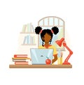 Cartoon african american girl studying at home with computer and books on window background. School girl writing for homework.