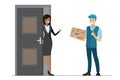 Cartoon african american woman near door and happy caucasian deliveryman with box,isolated on white background Royalty Free Stock Photo