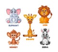 Cartoon African Animals Characters Isolated Vector Set. Giraffe, Lion And Elephant, Monkey, Or Zebra Funny Personages Royalty Free Stock Photo