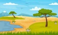 .Cartoon african savannah landscape with trees and mountains. Panoramic safari fields scene, zoo or park savanna nature Royalty Free Stock Photo