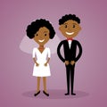 Cartoon afro-american bride and groom. Cute black wedding couple in flat style. Can be used for invitation, save the date thank