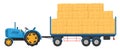 Cartoon agricultural haycock. Tractor with trailer full of hay, rural dried haystack in trailer, fodder straw flat symbols