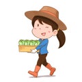 Cartoon agriculturist girl carrying vegetables.