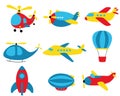 Cartoon air transport. Vector planes, airplanes, helicopters, airship, rocket, aircraft.