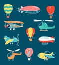 cartoon airplanes. airship balloon plane helicopter kids toys. Vector pictures templates