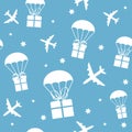 Cartoon airplanes and parachutes with gift boxes