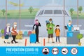 Cartoon airport interior and queue of tourists with luggage. Travellers in protective masks. Social distance Royalty Free Stock Photo