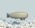 Cartoon airship flies in the blue sky against the background of bubble clouds. Pastel colors. ÃÂ¡opy space. 3D render.