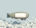 Cartoon airship flies in the blue sky against the background of bubble clouds. Pastel colors. ÃÂ¡opy space. 3D render.