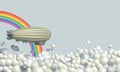 Cartoon airship flies in the blue sky against the background of bubble clouds and rainbow. Pastel colors. ÃÂ¡opy space. 3D render.