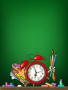Cartoon alarm clock with school supplies on schoolboard background. Vector illustration. Royalty Free Stock Photo