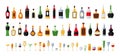 Cartoon alcohol bottles. Whiskey or wine drink. Vermouth and liquor in glasses. Bar collection. Cognac packages Royalty Free Stock Photo