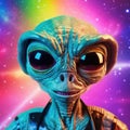 Cartoon alien with big eyes on a colourful otherworldly background Royalty Free Stock Photo