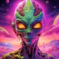 Cartoon alien with big eyes on a colourful otherworldly background Royalty Free Stock Photo