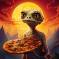 Cartoon alien with big eyes eats pizza