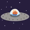 cartoon alien cosmonaut in flying saucer. Astronaut in outer space, childish print or poster, cute monster character in Royalty Free Stock Photo