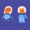 Cartoon alien cosmonauts. Characters for childish nursery and clothes decor. Monsters in spacesuits with helmets. Space