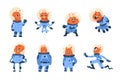 Cartoon alien cosmonauts. Space astronauts, funny UFO crew. Friendly orange cosmic monsters in spacesuits with round